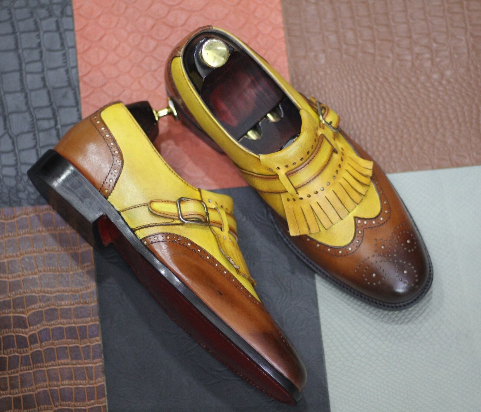 Handmade Yellow Brown Leather Wingtip Brogues | Men’s Designer Formal Shoes - Image 2
