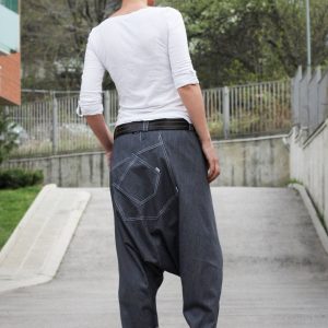 Harem Pants Unisex Drop Crotch Denim, Hippie, Baggy, Boho, Cotton, Yoga, Blue Jeans