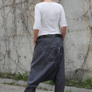 Harem Pants Unisex Drop Crotch Denim, Hippie, Baggy, Boho, Cotton, Yoga, Blue Jeans