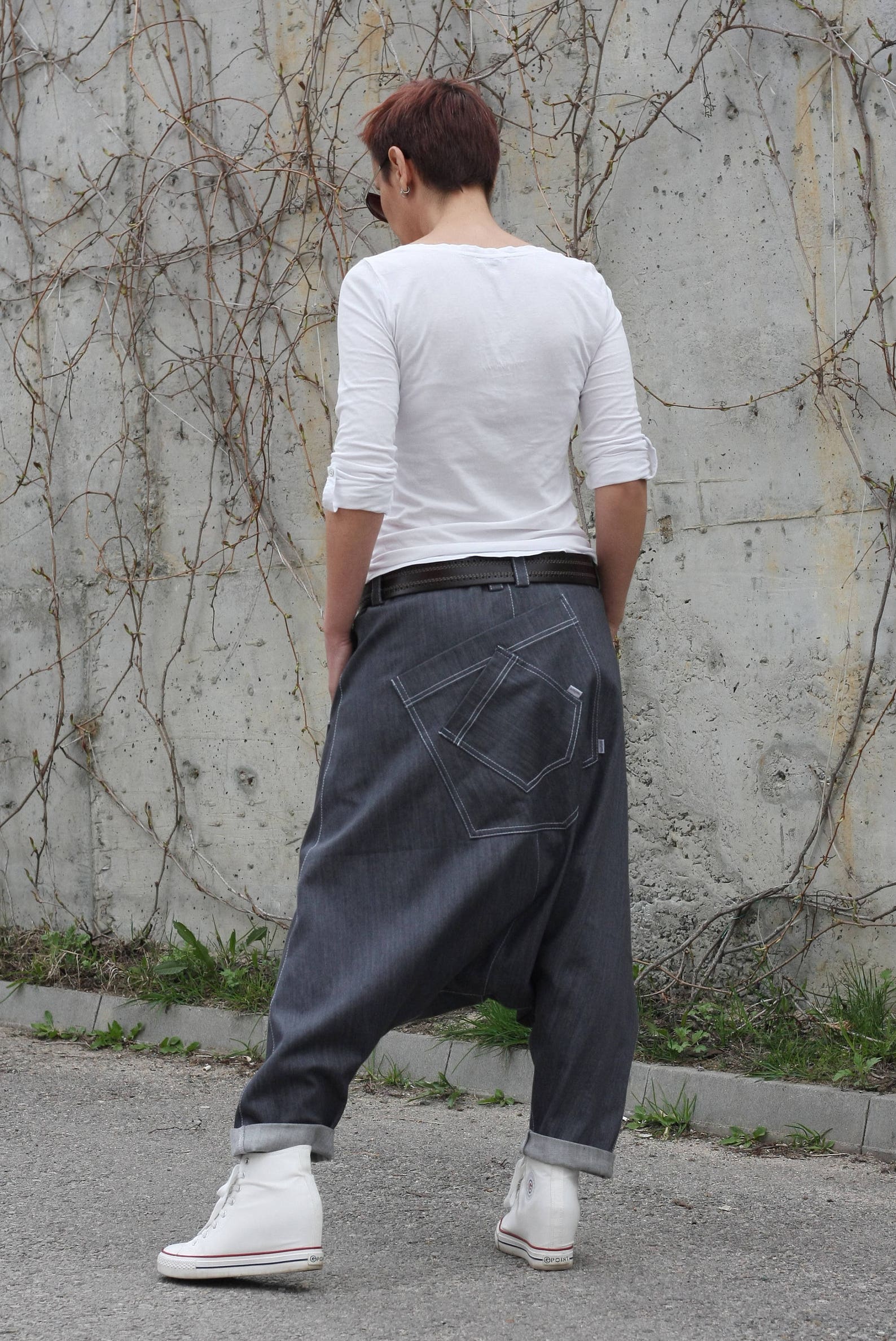 Harem Pants Unisex Drop Crotch Denim, Hippie, Baggy, Boho, Cotton, Yoga, Blue Jeans - Image 5