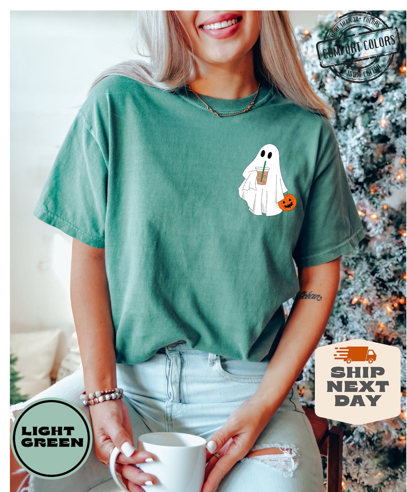 Hauntingly Cute Comfort Colors Ghost Coffee Shirt for Spooky Coffee Lovers - Image 3