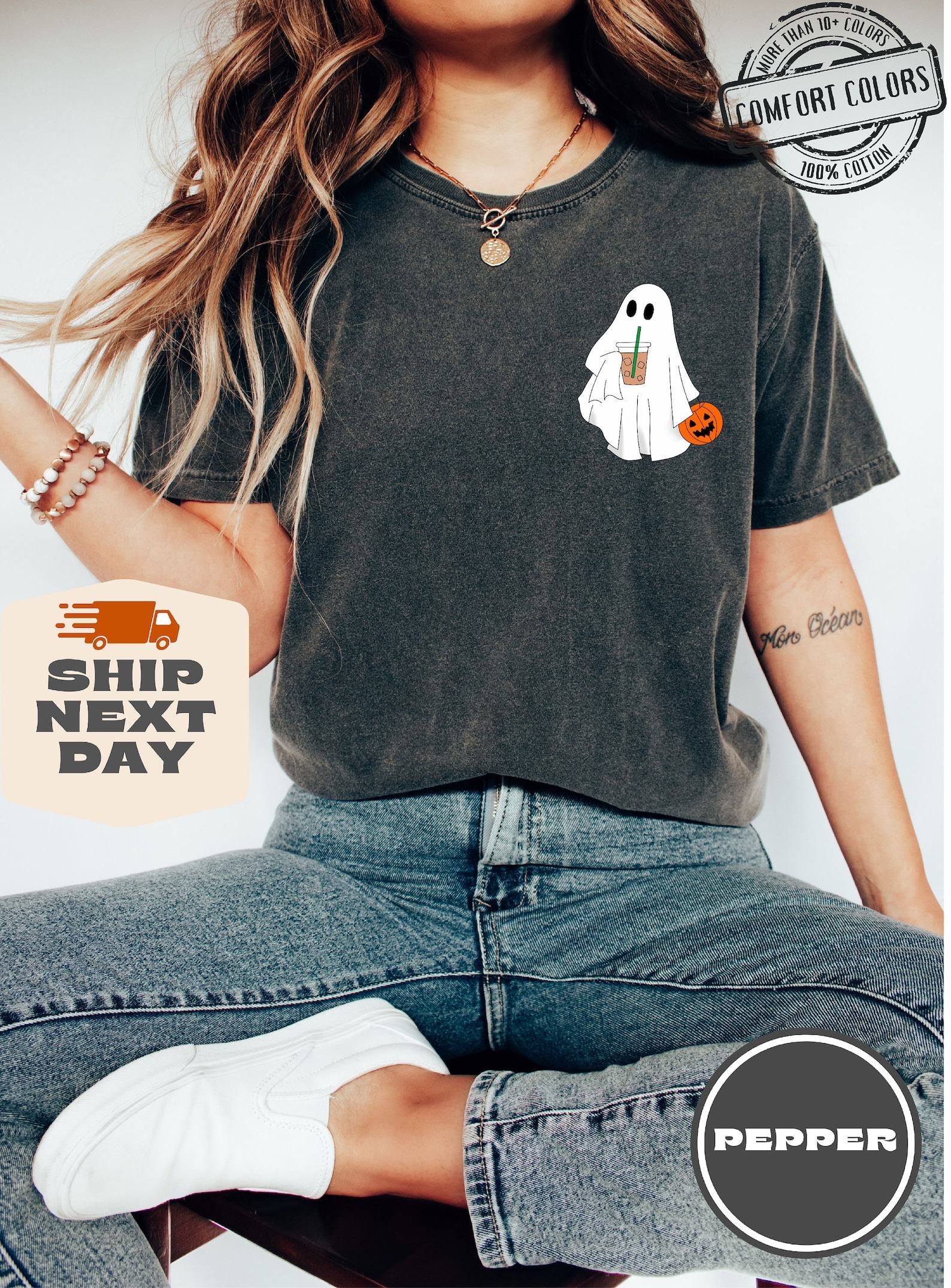 Hauntingly Cute Comfort Colors Ghost Coffee Shirt for Spooky Coffee Lovers - Image 5