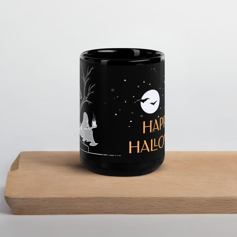 Hauntingly Delightful Coffee Ghost Black Glossy Mug for a Spooktacular Halloween