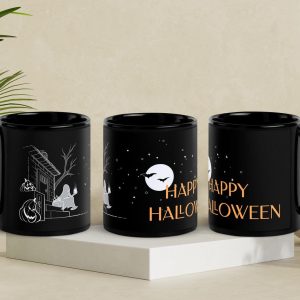 Hauntingly Delightful Coffee Ghost Black Glossy Mug for a Spooktacular Halloween