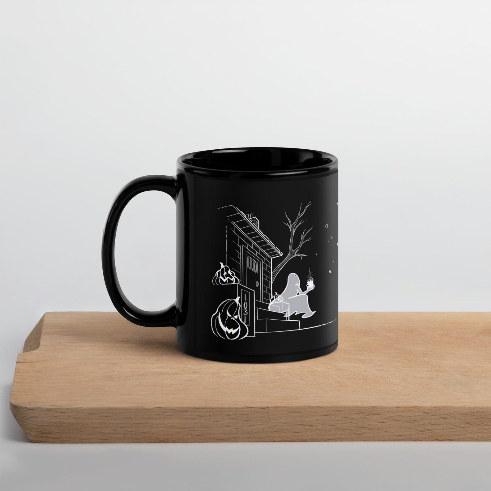 Hauntingly Delightful Coffee Ghost Black Glossy Mug for a Spooktacular Halloween