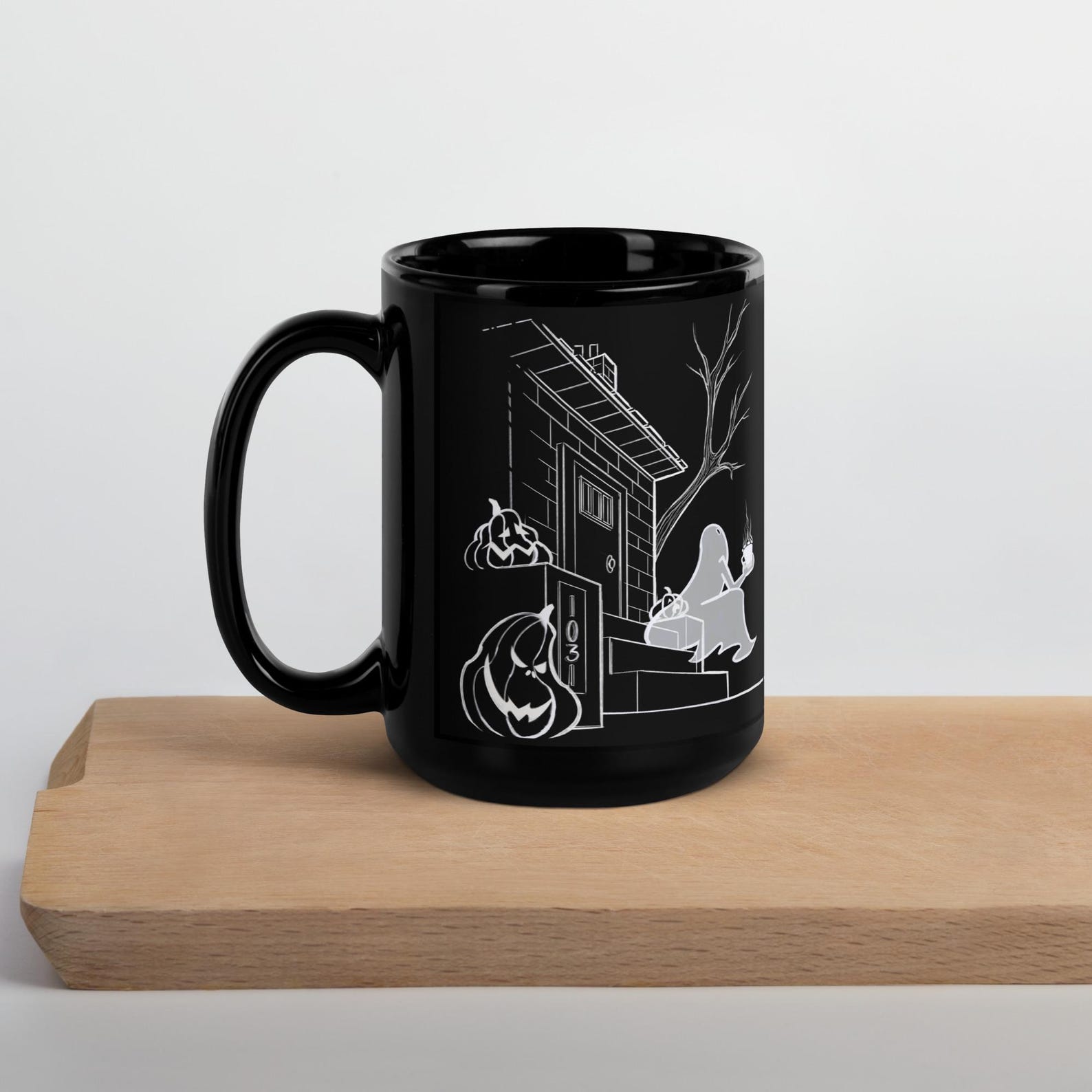 Hauntingly Delightful Coffee Ghost Black Glossy Mug for a Spooktacular Halloween