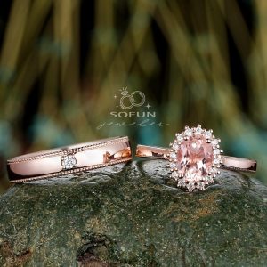 His and Hers Pink Morganite Halo Engagement Ring Set A Symbol of Eternal Love