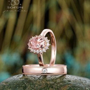 His and Hers Pink Morganite Halo Engagement Ring Set A Symbol of Eternal Love