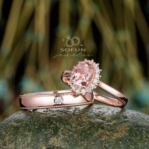 His and Hers Pink Morganite Halo Engagement Ring Set A Symbol of Eternal Love