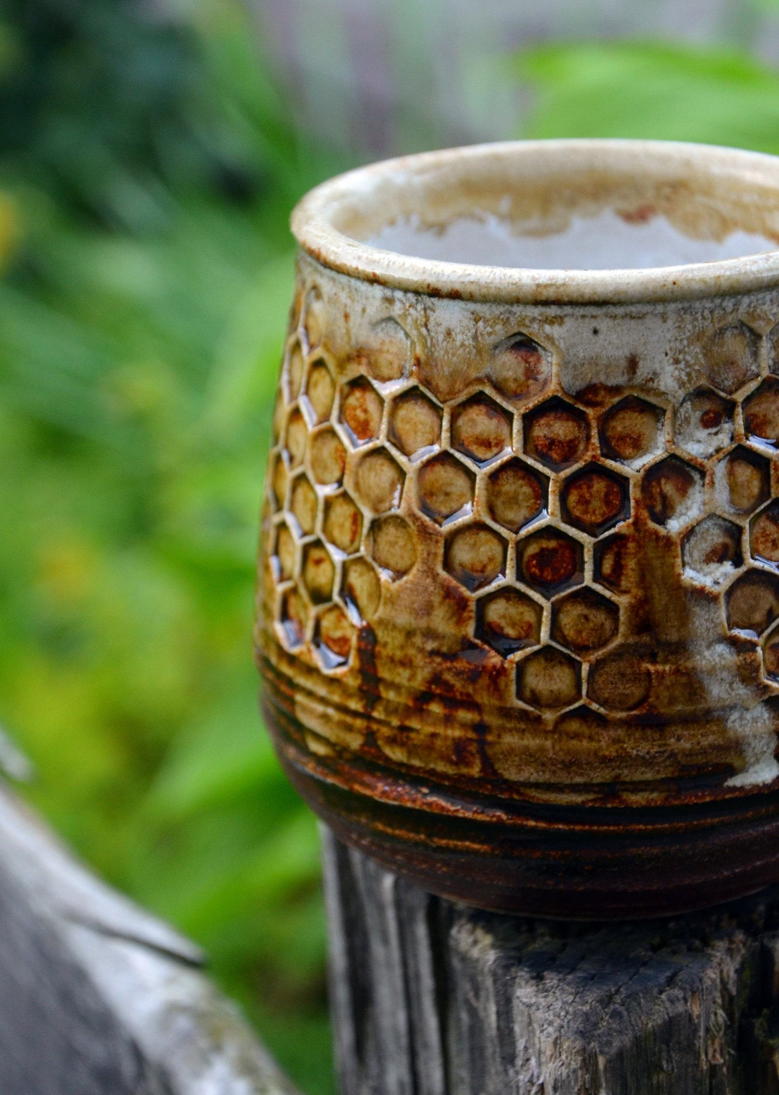 Honeycomb Haven Handmade Pottery Cup with Honey Glaze - Image 3