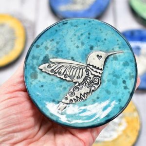 Hummingbird Ceramic Coffee Spoon Rest and Trinket Dish Handmade Stoneware Pottery Item in Vibrant Hues