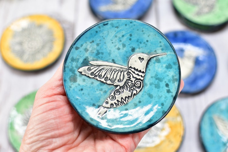 Hummingbird Ceramic Coffee Spoon Rest and Trinket Dish Handmade Stoneware Pottery Item in Vibrant Hues