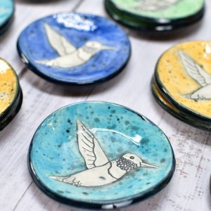 Hummingbird Ceramic Coffee Spoon Rest and Trinket Dish Handmade Stoneware Pottery Item in Vibrant Hues