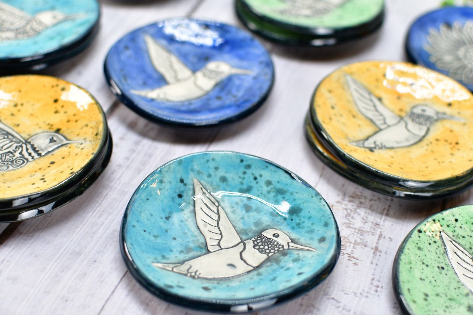 Hummingbird Ceramic Coffee Spoon Rest and Trinket Dish Handmade Stoneware Pottery Item in Vibrant Hues - Image 2