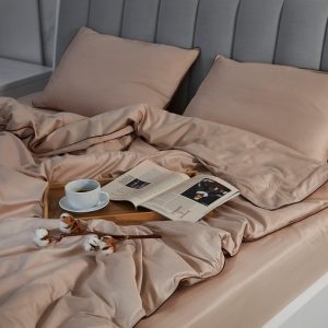 Indulge in Tranquil Slumber Beige Sateen Duvet Cover, 95% Cotton Luxury for a Restful Night