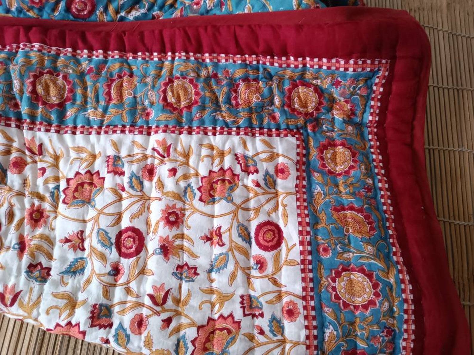 Jaipuri Block Print Quilt Handcrafted Floral Razai for a Vibrant Bedroom - Image 6