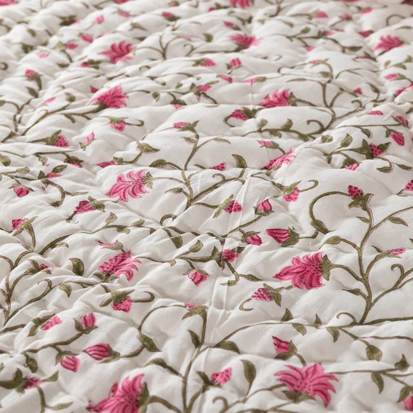 Jaipuri Block Print Quilt Handcrafted Floral Razai for a Vibrant Bohemian Retreat