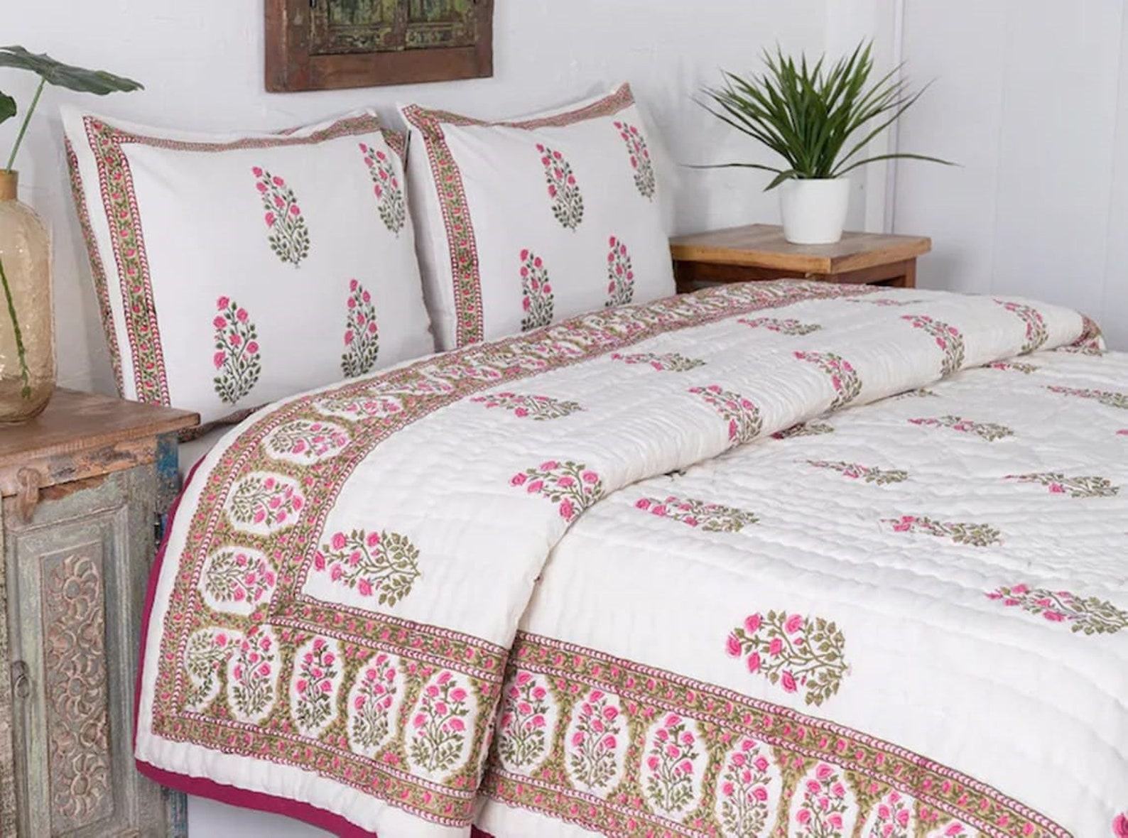 Jaipuri Block Print Quilt Handcrafted Floral Razai for a Vibrant Bohemian Retreat - Image 3