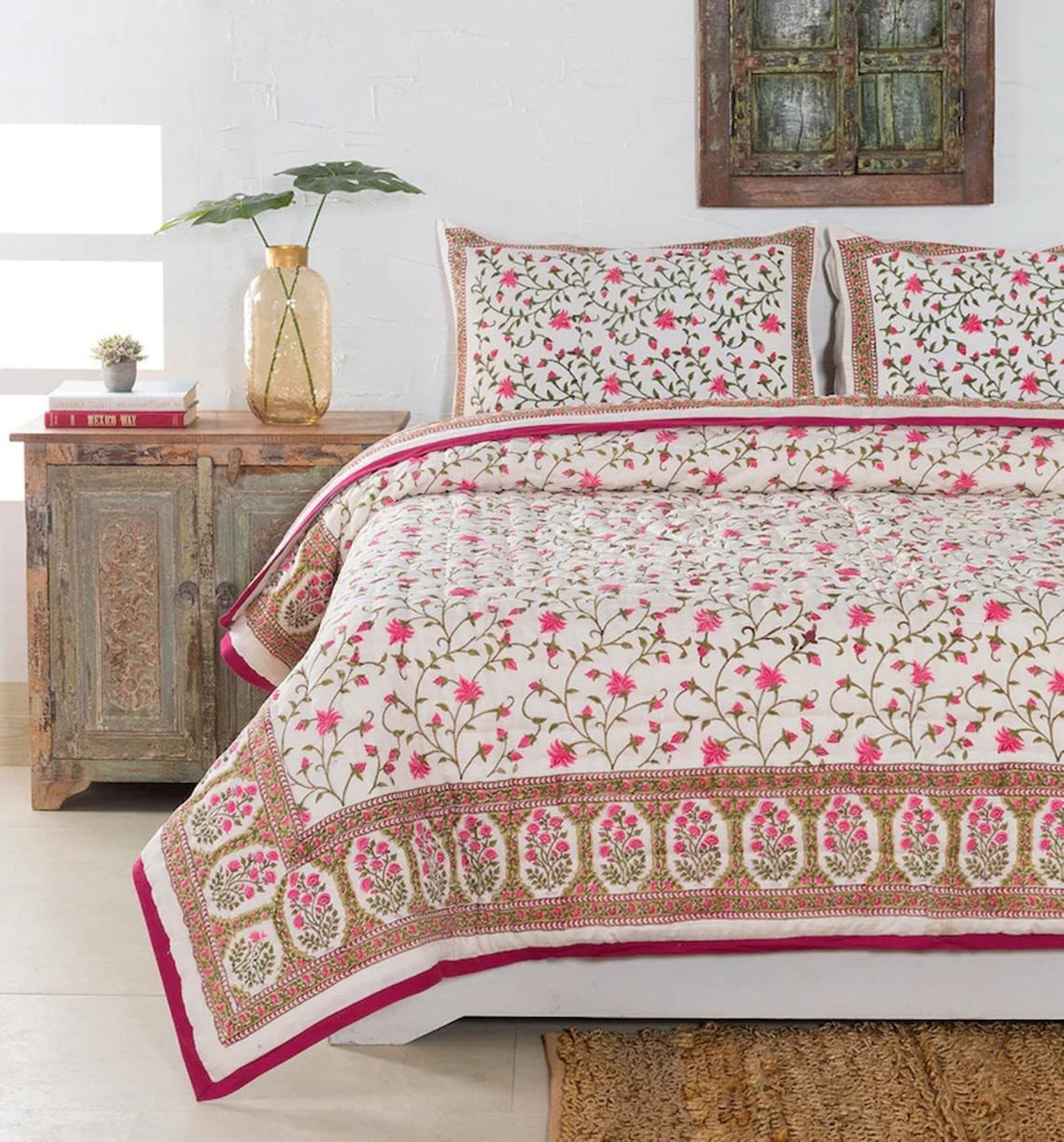 Jaipuri Block Print Quilt Handcrafted Floral Razai for a Vibrant Bohemian Retreat - Image 4