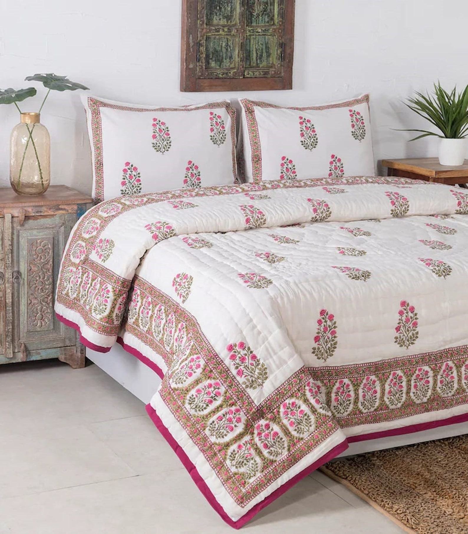 Jaipuri Block Print Quilt Handcrafted Floral Razai for a Vibrant Bohemian Retreat - Image 5