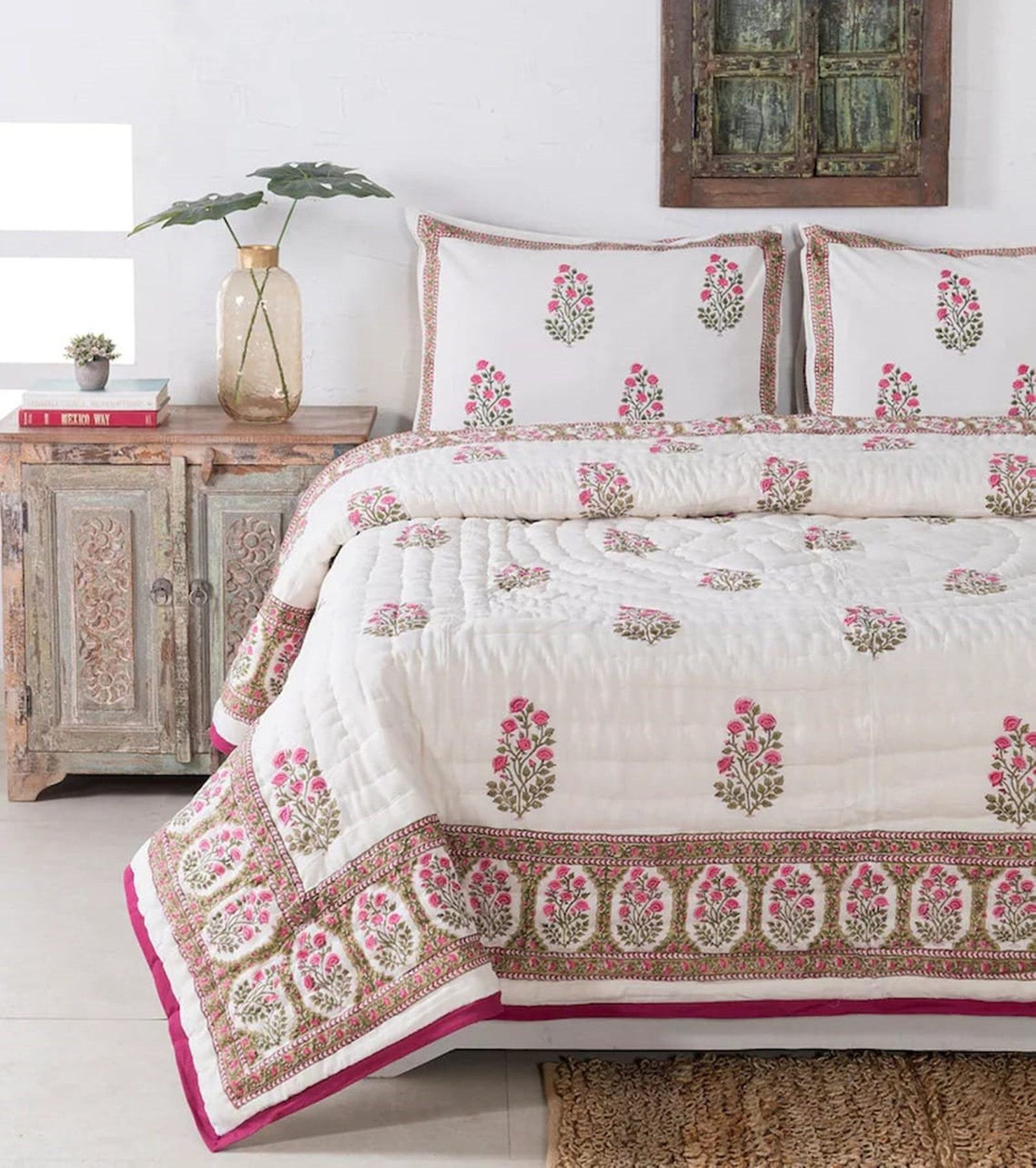 Jaipuri Block Print Quilt Handcrafted Floral Razai for a Vibrant Bohemian Retreat - Image 2