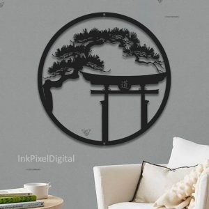 Japanese Metal Art Bonsai Tree Wall Art with Tori Gate – Inspired by Japanese Culture