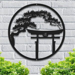 Japanese Metal Art Bonsai Tree Wall Art with Tori Gate – Inspired by Japanese Culture