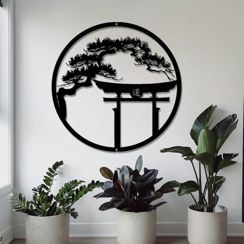 Japanese Metal Art Bonsai Tree Wall Art with Tori Gate – Inspired by Japanese Culture