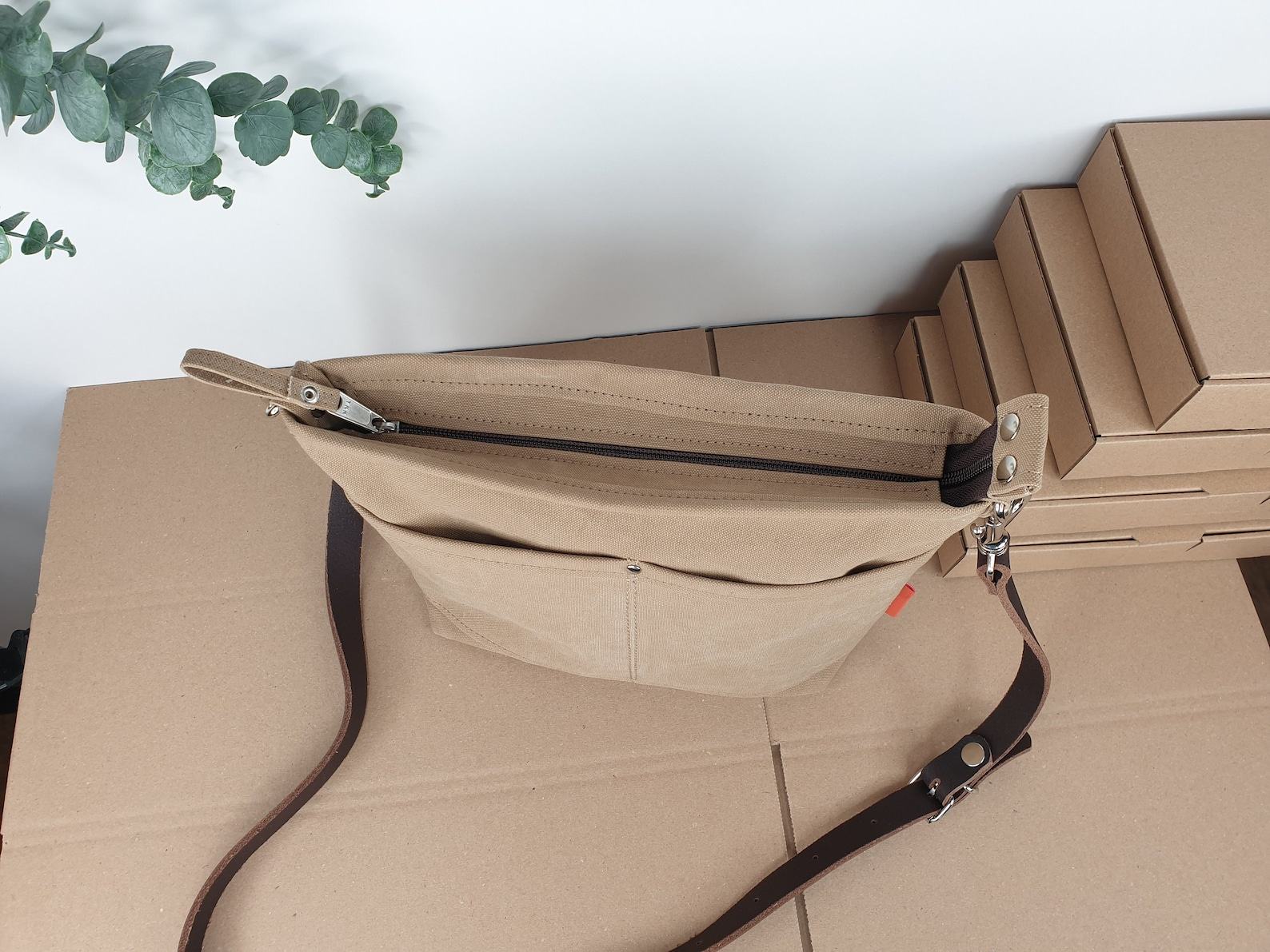 Khaki Canvas Crossbody Bag Lightweight, Durable, and Stylish - Image 3