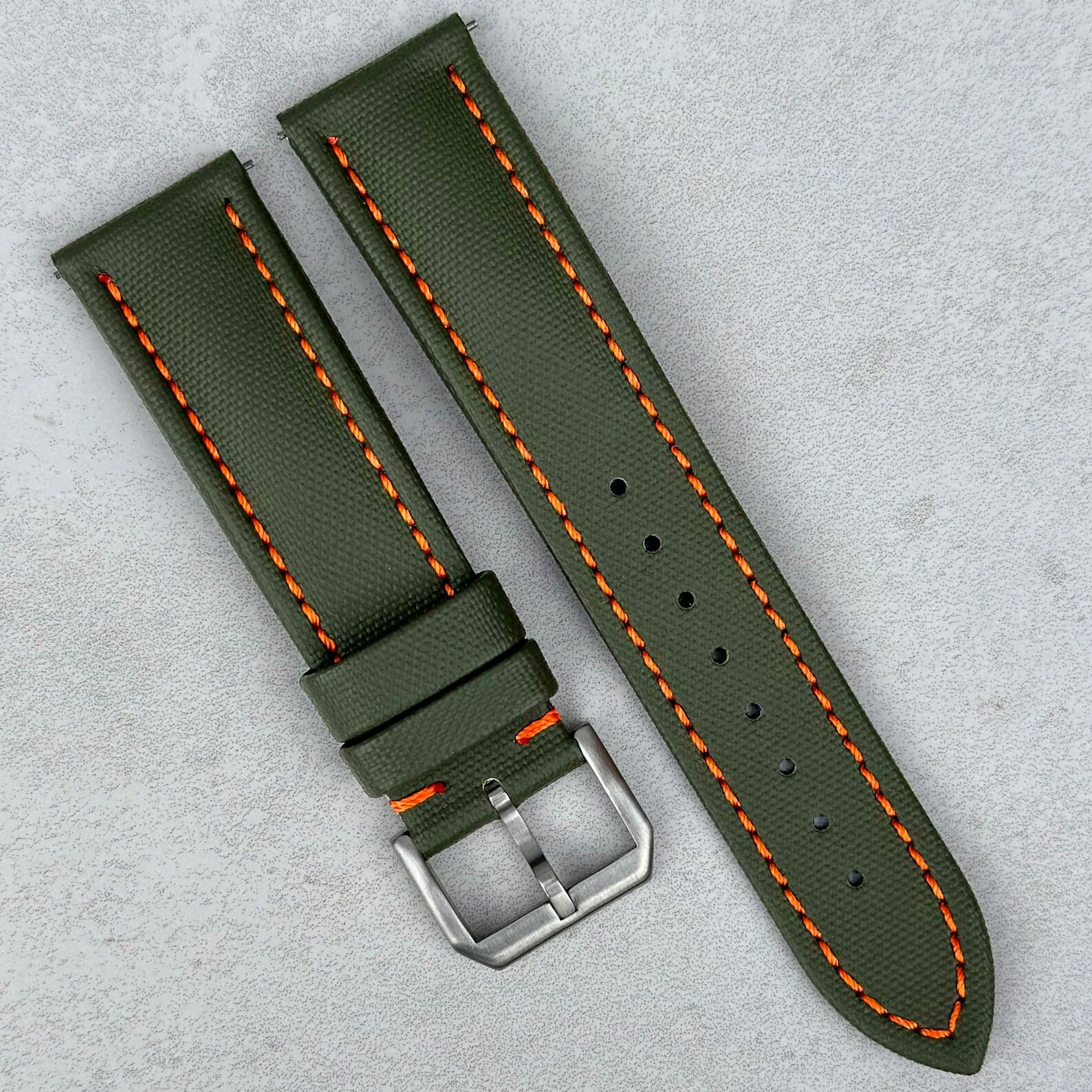 Khaki Green Sailcloth Watch Strap with Vibrant Orange Stitching Padded Comfort, Leather Backing, Quick Release