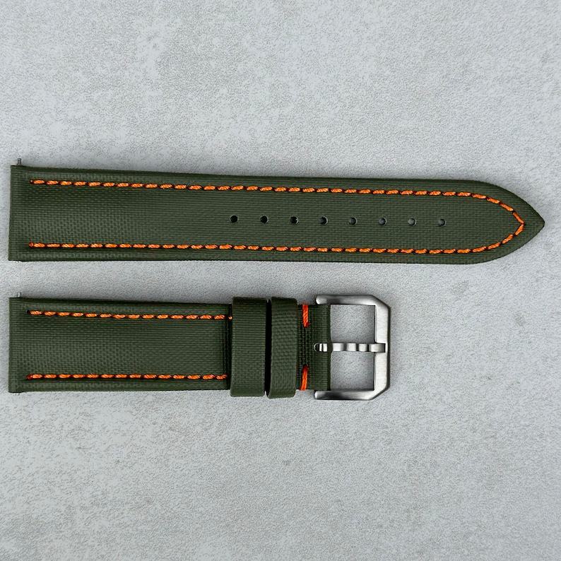Khaki Green Sailcloth Watch Strap with Vibrant Orange Stitching Padded Comfort, Leather Backing, Quick Release