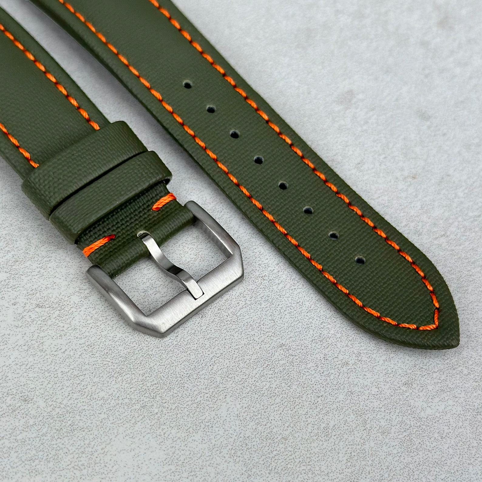 Khaki Green Sailcloth Watch Strap with Vibrant Orange Stitching Padded Comfort, Leather Backing, Quick Release