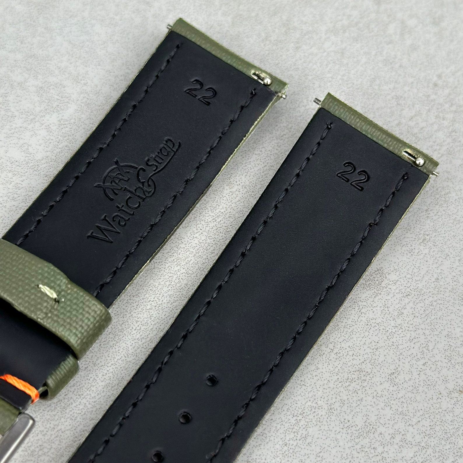 Khaki Green Sailcloth Watch Strap with Vibrant Orange Stitching Padded Comfort, Leather Backing, Quick Release