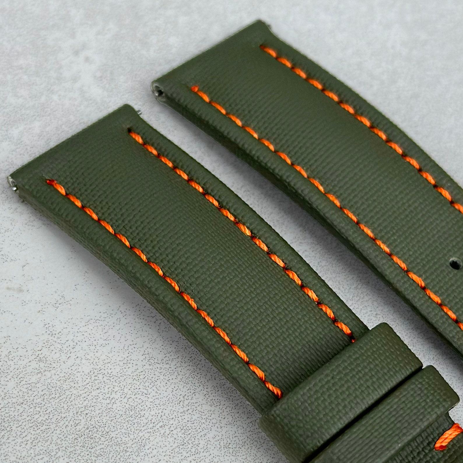 Khaki Green Sailcloth Watch Strap with Vibrant Orange Stitching Padded Comfort, Leather Backing, Quick Release