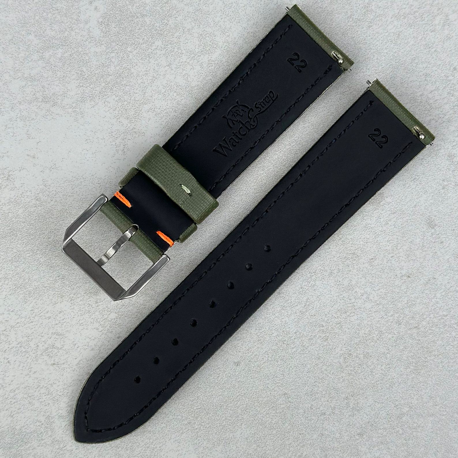 Khaki Green Sailcloth Watch Strap with Vibrant Orange Stitching Padded Comfort, Leather Backing, Quick Release