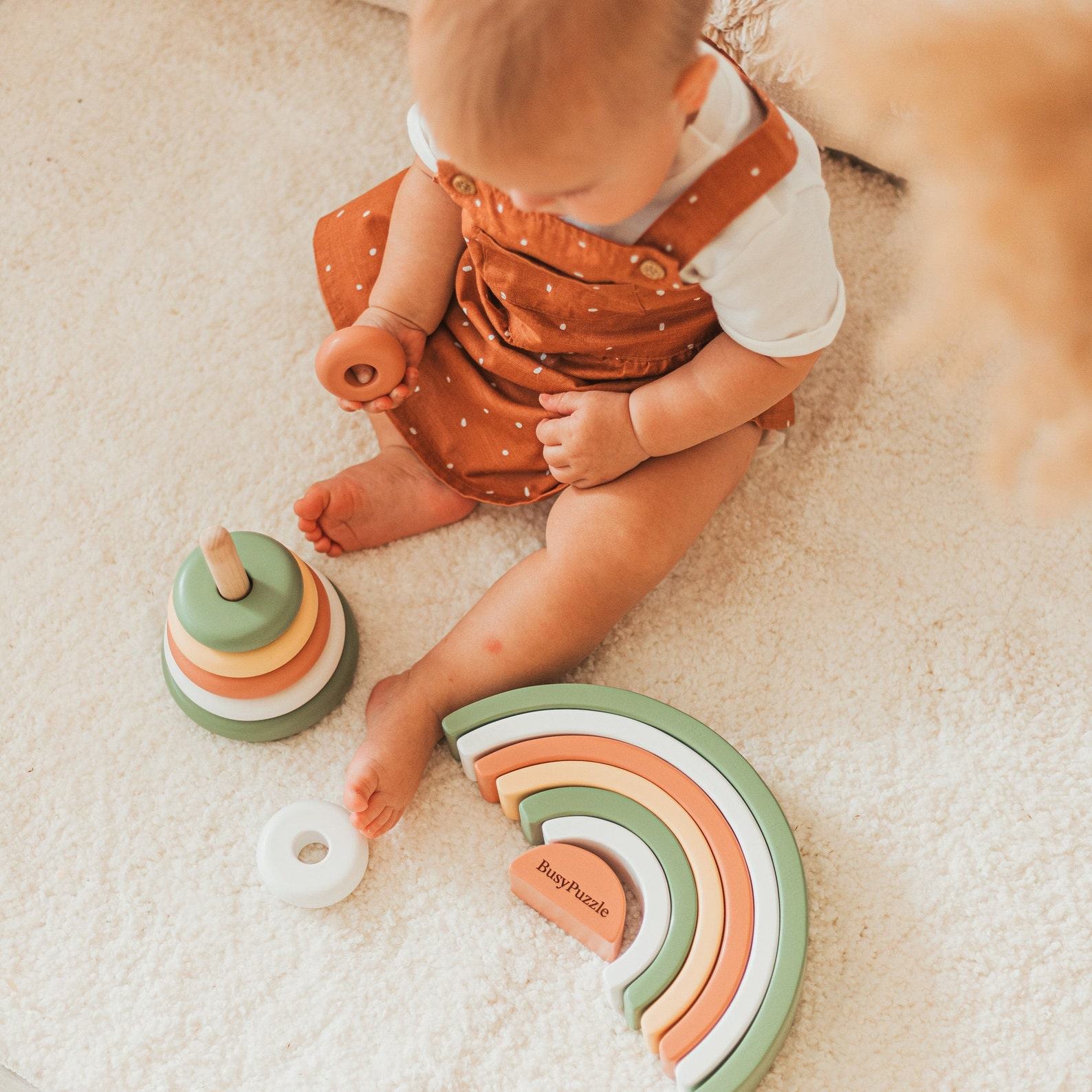 Khaki Ring Stacker  Montessori Wooden Toy for Rainbow Nursery Decor