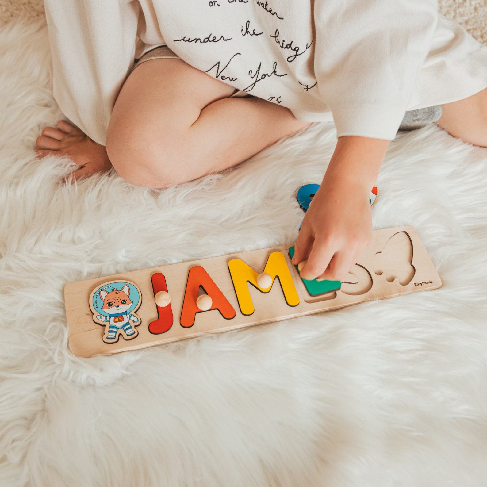 Khaki Wooden Name Puzzle – Personalized First Christmas Present for Baby, Montessori Toy, Nursery Decor & 1st Birthday Shower Present