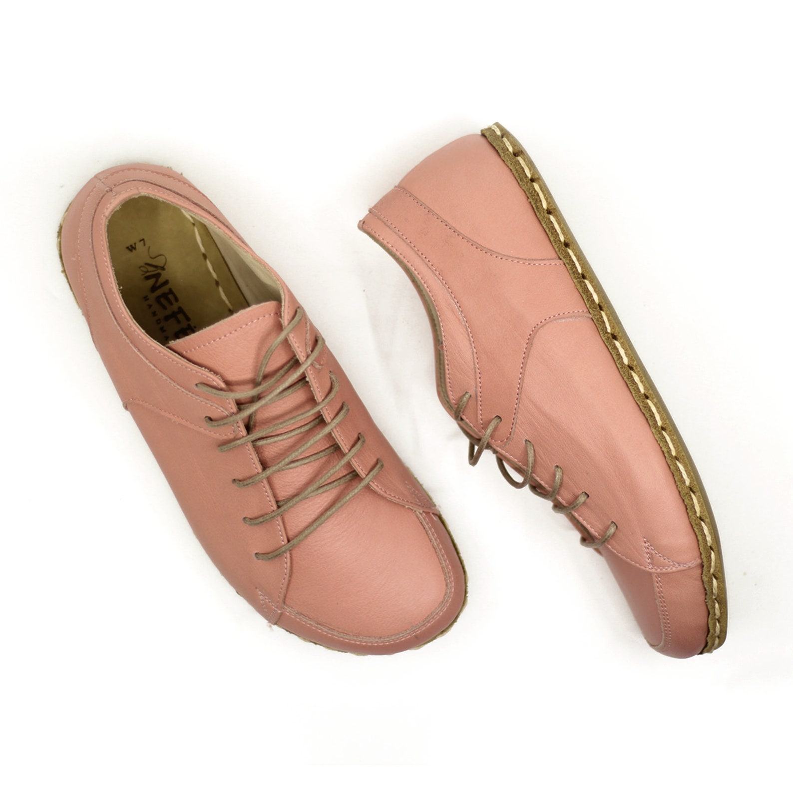 Light Pink Leather Barefoot Sneakers – Handmade Grounding Shoes with Copper Rivets