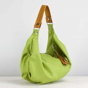 Lime Green Canvas Hobo Bag with Brown Leather Accents The Perfect Everyday Purse