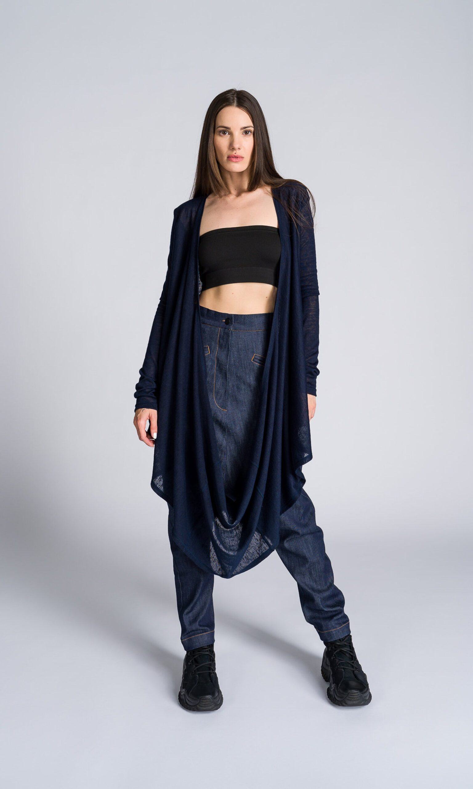 Long-Sleeve Top with Flowing Draped Front A92315 - Image 3