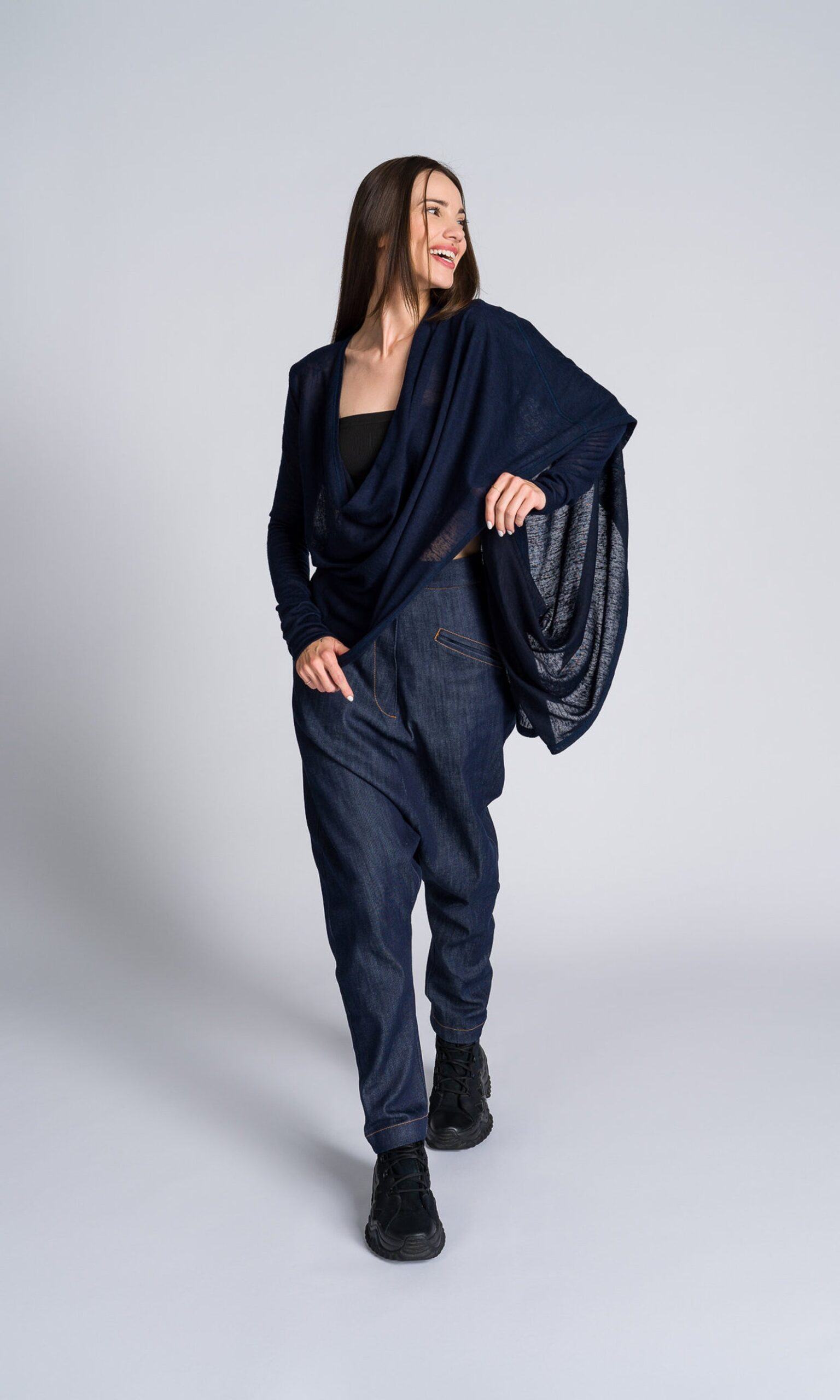 Long-Sleeve Top with Flowing Draped Front A92315 - Image 2