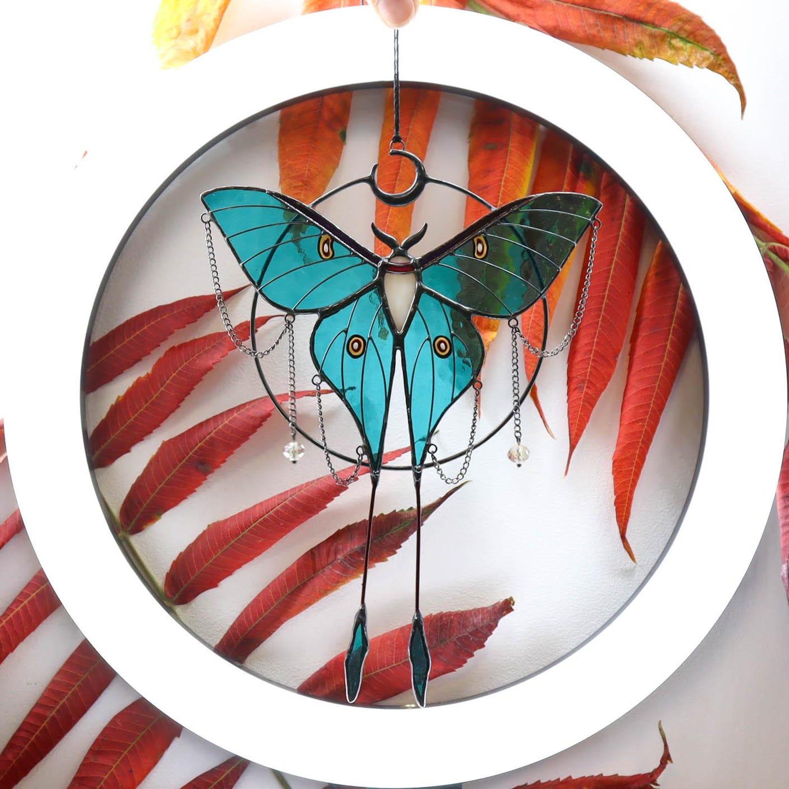 Luna Moth Suncatcher – Stained Glass Butterfly Window Hanging, Christmas Ornament, Handmade Present for Mom, Garden & Wall Art