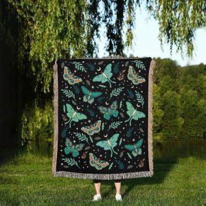 Luna Moths Jacquard Blanket 95% Cotton, Woven in the USA, Queen Size (60″ x 80″) with Fringed Edge
