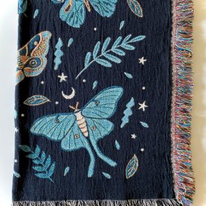 Luna Moths Jacquard Blanket 95% Cotton, Woven in the USA, Queen Size (60″ x 80″) with Fringed Edge