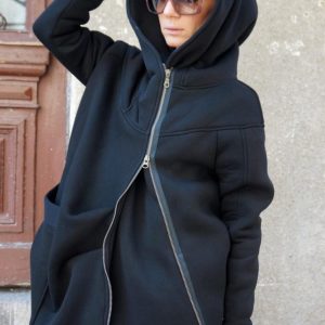 Luxurious Asymmetrical Black Hooded Coat Warmth, Style, and Functionality