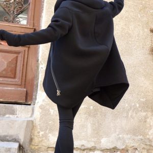 Luxurious Asymmetrical Black Hooded Coat Warmth, Style, and Functionality