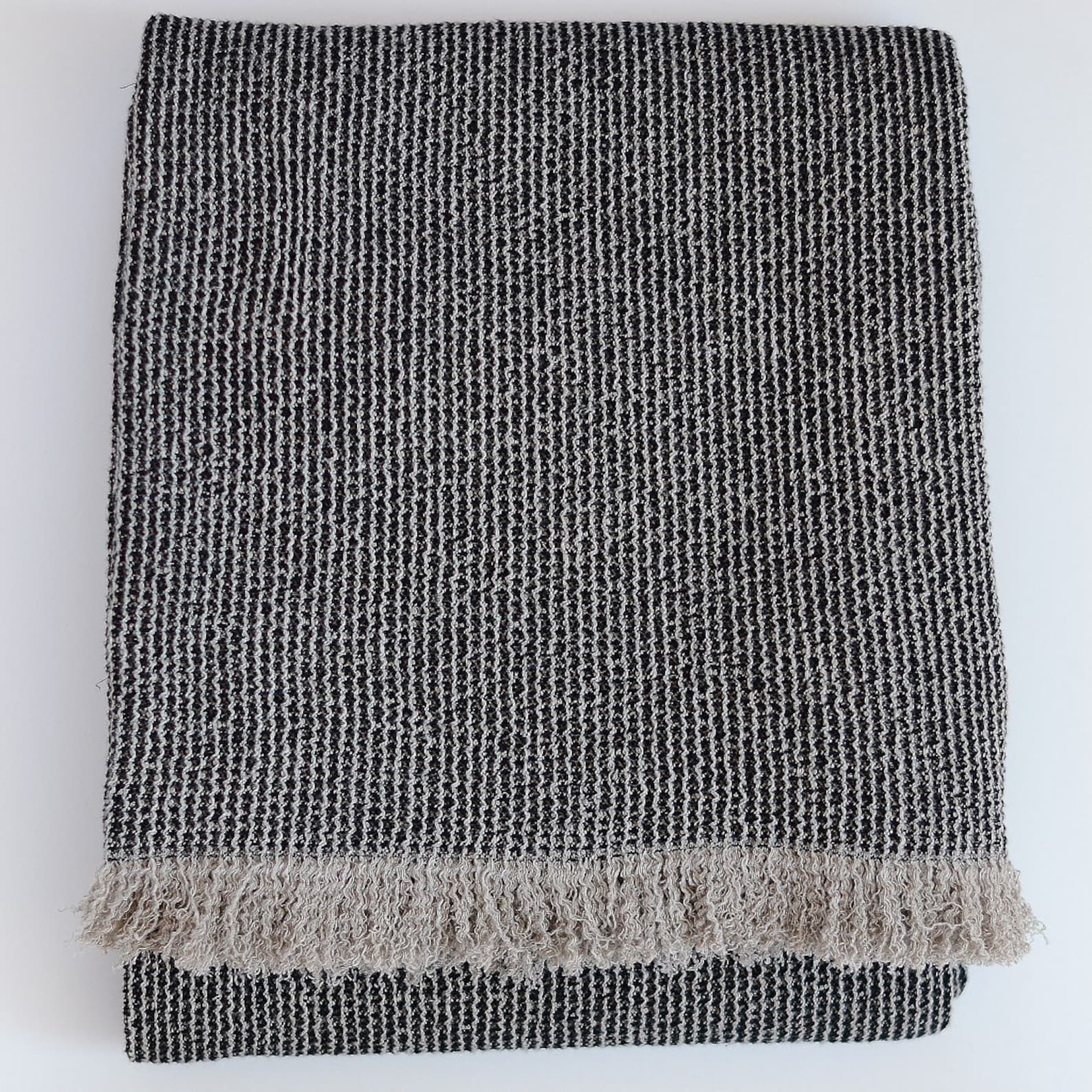 Luxurious Black Linen Throw Pure Linen, Fringed, Waffle Weave, Interesting  Item