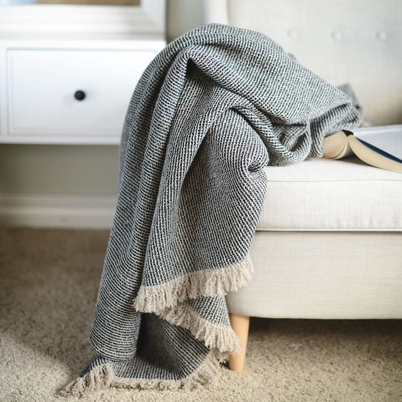 Luxurious Black Linen Throw Pure Linen, Fringed, Waffle Weave, Interesting  Item