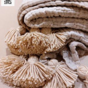 Luxurious Pom Pom Muslin Throw OEKO-TEX Certified, Multi-Purpose Cozy Comfort