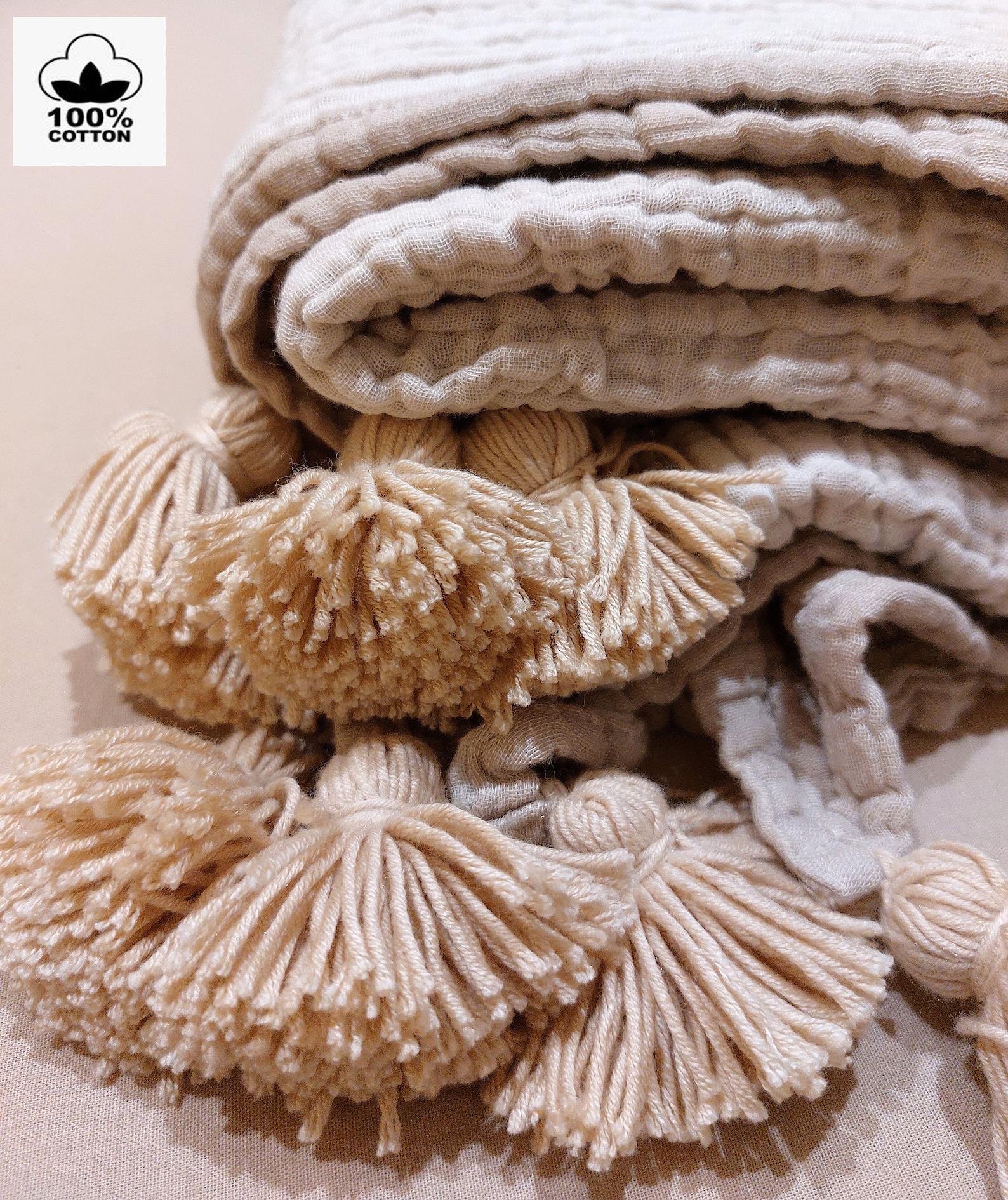 Luxurious Pom Pom Muslin Throw OEKO-TEX Certified, Multi-Purpose Cozy Comfort - Image 5